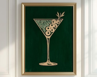 Emerald Green Martini & Olives Print - Vintage Elegant Bar Cart Art, Refined Maximalism Wall Decor