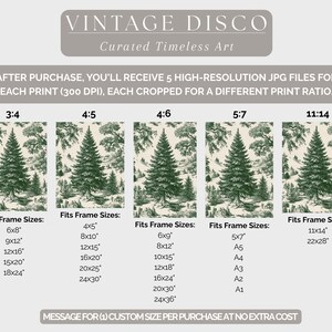 May include: A digital print featuring a green and white toile design with a forest scene and a large evergreen tree. The print is available in multiple aspect ratios and frame sizes, with the text "VINTAGE DISCO" at the top.