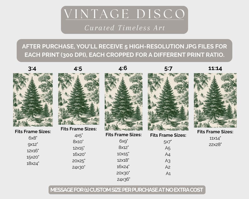 May include: A digital print featuring a green and white toile design with a forest scene and a large evergreen tree. The print is available in multiple aspect ratios and frame sizes, with the text "VINTAGE DISCO" at the top.