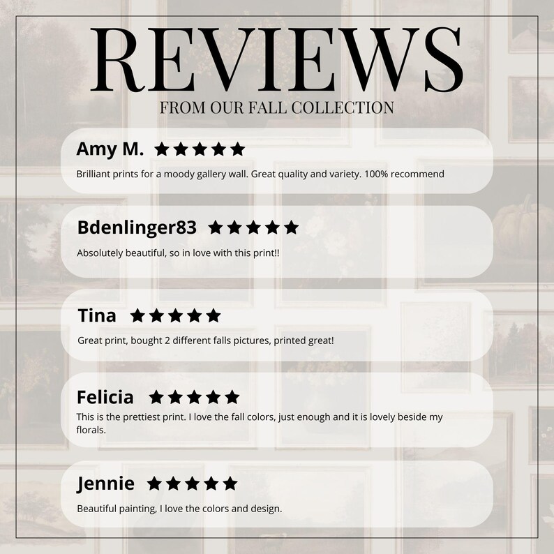 Puede incluir: Imagen que muestra rese&ntilde;as de clientes de una colecci&oacute;n de oto&ntilde;o. La palabra "REVIEWS" est&aacute; en la parte superior, seguida de testimonios con valoraciones por estrellas. Las rese&ntilde;as destacan la calidad de impresi&oacute;n, la variedad y la belleza de los colores oto&ntilde;ales.