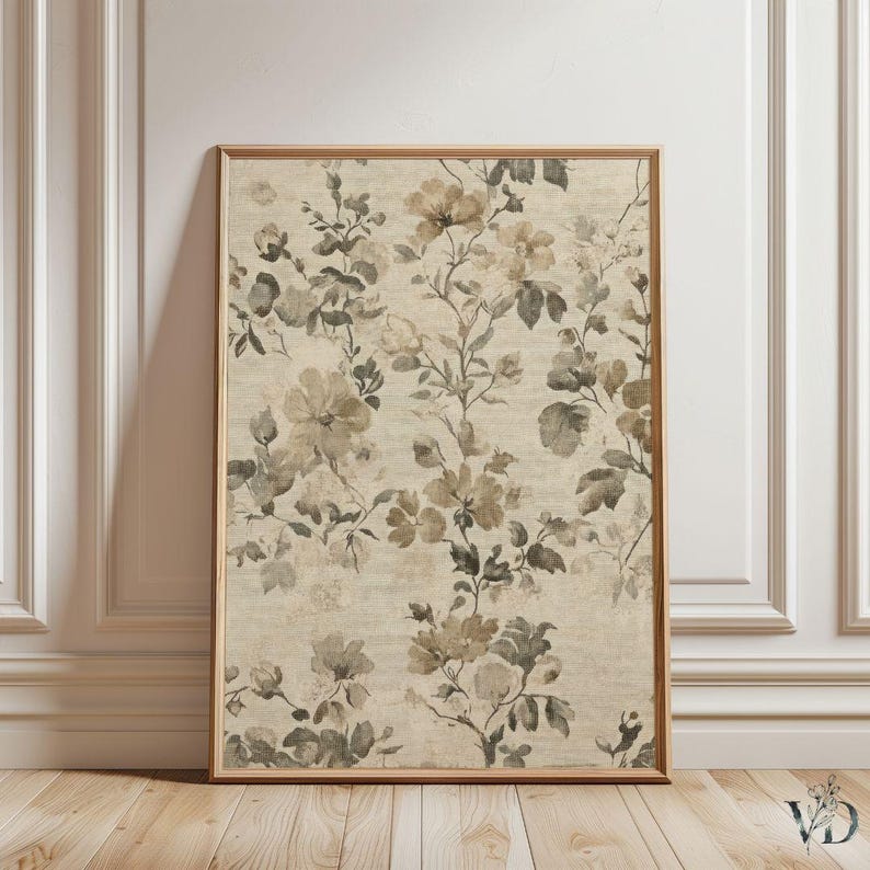French Country Floral Textile Print - Vintage Botanical Wall Art, Neutral Spring Farmhouse Decor