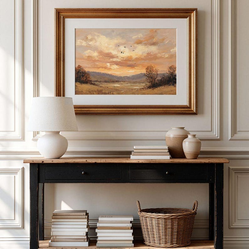 Autumn Sunset Pastoral Landscape Wall Art - Vintage Rustic Fall Printable, Cozy Country Farmhouse Decor