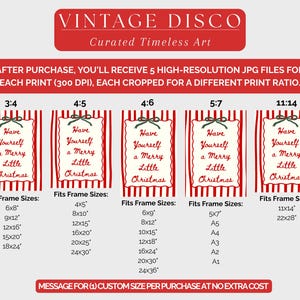 May include: Digital Christmas print with the message "Have Yourself a Merry Little Christmas" in a decorative frame, on a red and white striped background. Includes different print ratios and frame size suggestions.