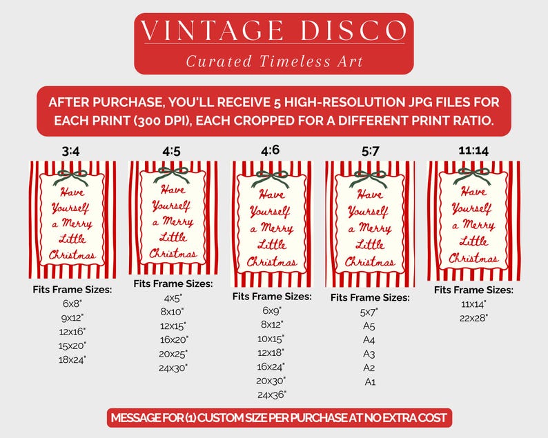 May include: Digital Christmas print with the message "Have Yourself a Merry Little Christmas" in a decorative frame, on a red and white striped background. Includes different print ratios and frame size suggestions.