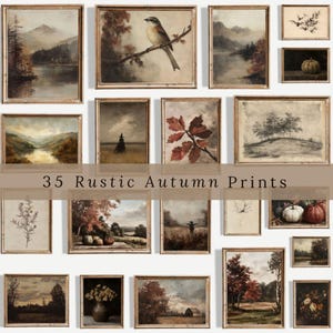 May include: A collection of 35 rustic autumn prints in various sizes and styles. The artwork features landscapes, birds, and botanical illustrations in warm, earthy tones. The text "35 Rustic Autumn Prints" is displayed in the center.