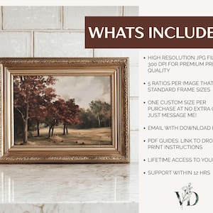 Puede incluir: Una pintura de paisaje en un marco dorado ornamentado que representa &aacute;rboles con follaje oto&ntilde;al en un campo. El texto dice: WHATS INCLUDED? HIGH RESOLUTION JPG FILES AT 300 DPI, 5 RATIOS PER IMAGE, ONE CUSTOM SIZE, EMAIL WITH DOWNLOAD LINK, PDF GUIDES, LIFETIME ACCESS, SUPPORT WITHIN 12 HRS.