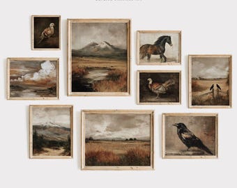 Puede incluir: Colección de grabados artísticos vintage enmarcados, con paisajes y fauna. Las pinturas representan montañas, campos, aves y un caballo. Los marcos son de color marrón claro y el arte tiene una paleta de colores apagados.