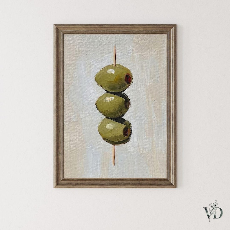 Vintage Dirty Martini Olives Painting - Retro Bar Cart Art Print, French Country Kitchen Printable