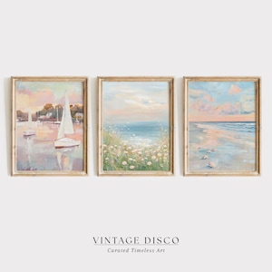 Pink Coastal Wall Art Set of 3, Coquette Beach Art, Preppy Summer Beachy Print Set, Pastel Wildflower Print, Trendy Ocean Sailboat Printable