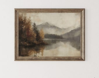 Vintage Autumn Lake Landscape - Printable Fall Wall Art, Muted Rustic Farmhouse Decor