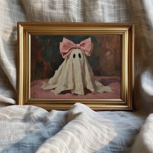 Pink Bow Ghost Halloween Wall Art - Cute Spooky Halloween Printable, Whimsical Girly Halloween Art, Pastel Fall Artwork, Preppy Cottagecore