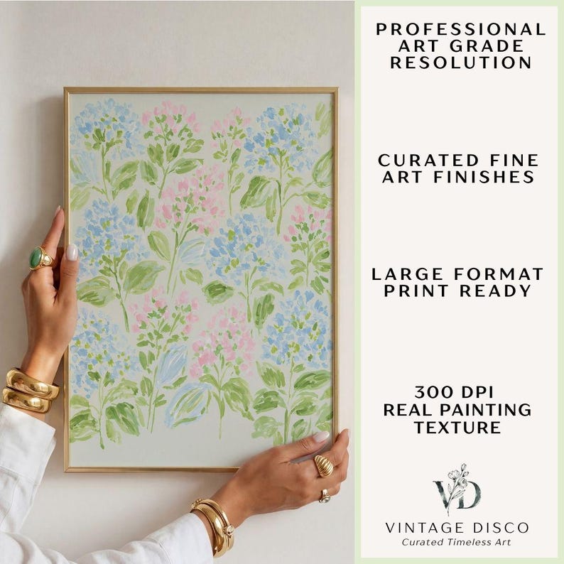 Pastel Pink Blue & Green Watercolor Hydrangeas Set - Preppy Grandmillenial Floral College Dorm Prints