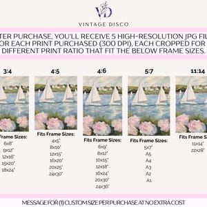 May include: A digital print featuring a watercolor painting of sailboats on a lake with pink flowers in the foreground. The image includes text indicating various frame sizes, such as 6x8 inches, 9x12 inches, and 12x16 inches, and the text "VINTAGE DISCO".
