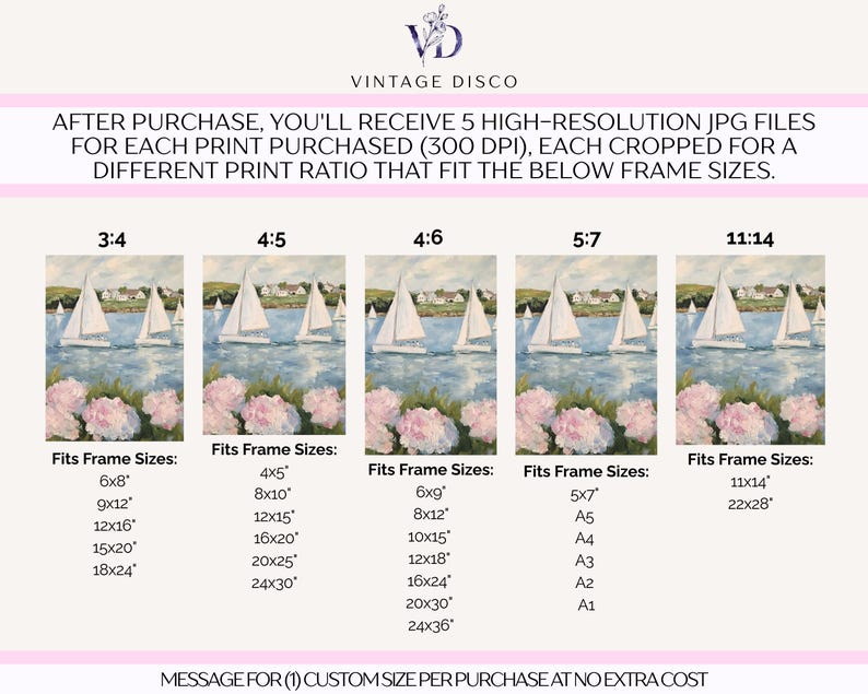 May include: A digital print featuring a watercolor painting of sailboats on a lake with pink flowers in the foreground. The image includes text indicating various frame sizes, such as 6x8 inches, 9x12 inches, and 12x16 inches, and the text "VINTAGE DISCO".