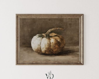 Neutral Vintage Pumpkin Still Life Print - Rustic Autumn Harvest Painting, Cottagecore Fall Farmhouse Printable