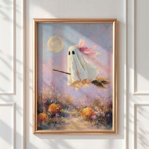 Affiche Halloween Fantôme Rose - Sorcière Fantôme Cottagecore avec Nœud, Illustration Automne Fantôme et Fleurs Sauvages à Imprimer