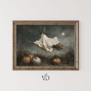 Whimsical Flying Ghost Witch Halloween Printable - Vintage Cottagecore Fall Print, Spooky Autumn Wall Art