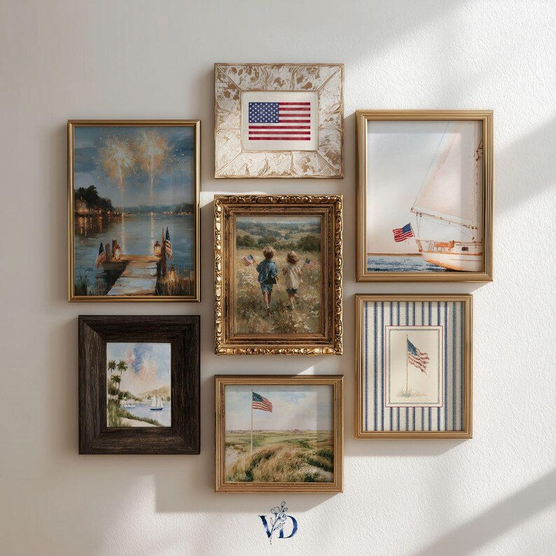 4th of July Gallery Wall Set - Independence Day Prints, Coastal Grandmillenial Patriotic Summer Art