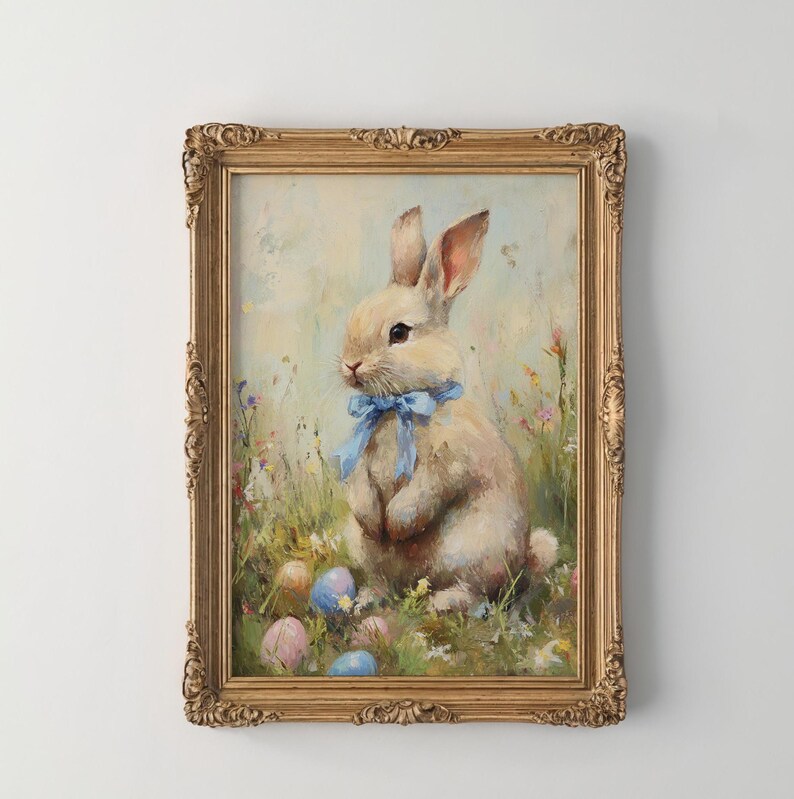 Vintage Easter Bunny Painting, Cottagecore Easter Painting, Light Academia Wall Art,  Printable Cute Rabbit, Neutral Spring Easter Decor