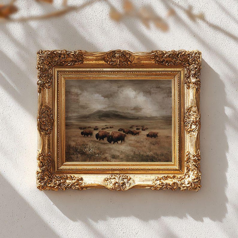Rustic Bison Farmhouse Print -  Vintage Country Landscape Printable, Warm Cottagecore Pastoral Meadow Painting
