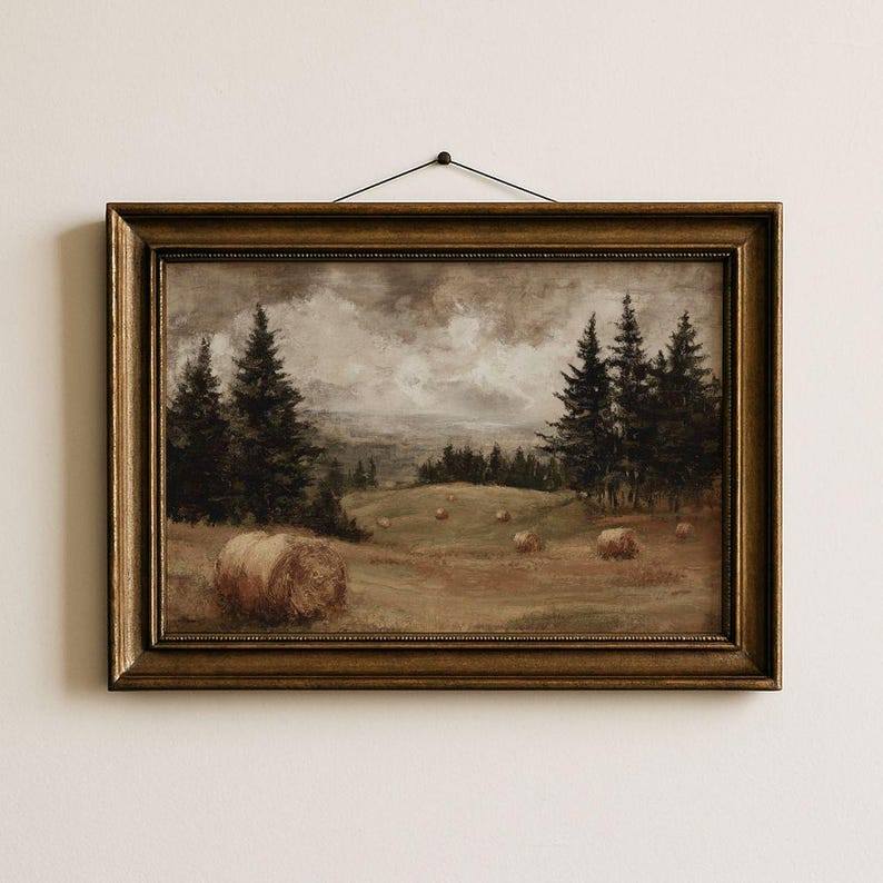Rustic Fall Pastoral Landscape Print - Vintage Autumn Country Farmhouse Printable, Muted Cottagecore Nature Decor