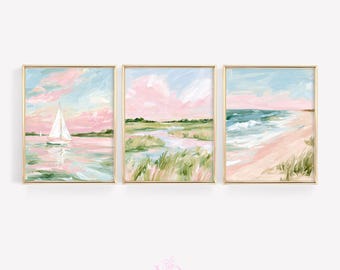 Pastellfarbenes Küstenmarsch-Set – Preppy Charleston-Drucke, rosa Mädchenzimmer- und Studentenwohnheim-Kunst
