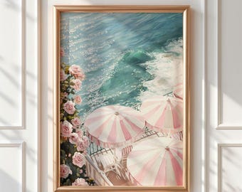 Pastel Pink Beach Umbrella Print - Coquette Grandmillenial Coastal Wall Art, Printable Girly Dorm Decor
