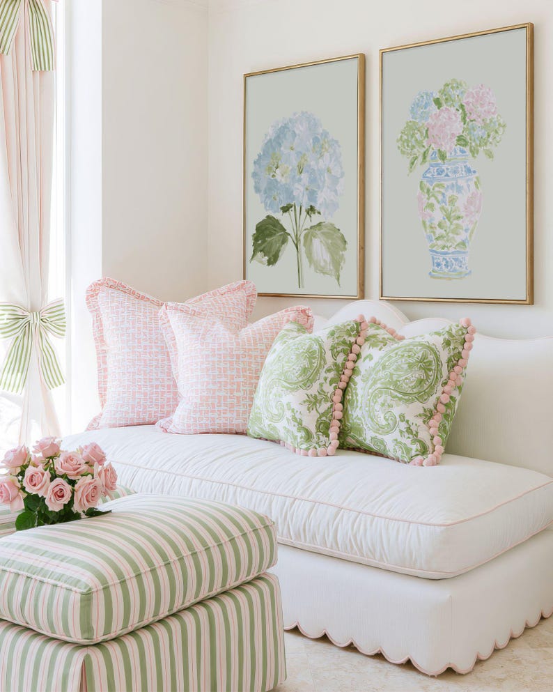 Pastel Pink Blue & Green Watercolor Hydrangeas Set - Preppy Grandmillenial Floral College Dorm Prints