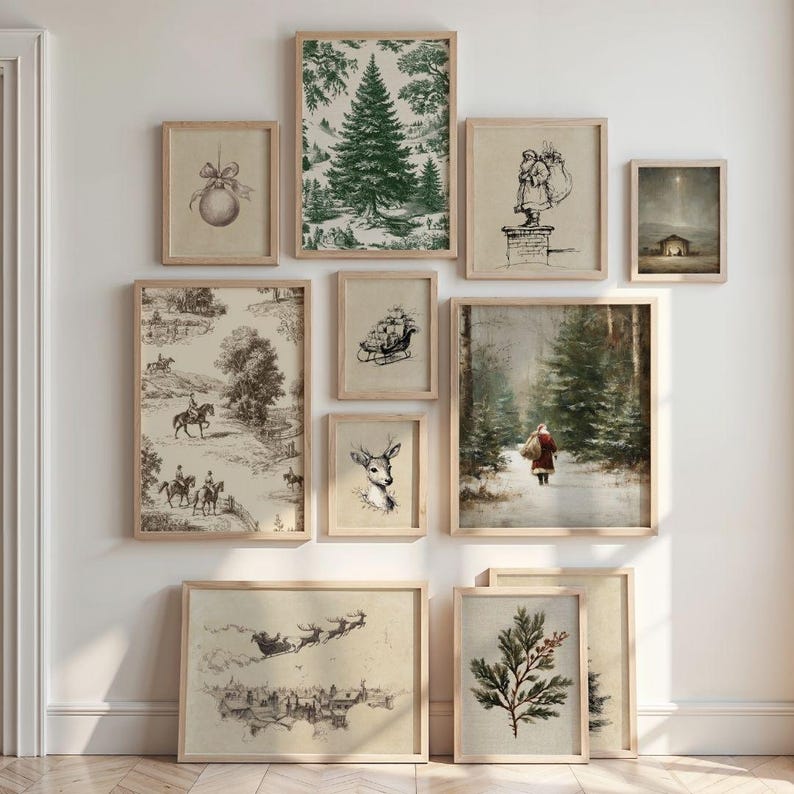 Heritage Christmas Print Set of 11 - Vintage Traditional Holiday Decor Bundle, Neutral Equestrian Winter