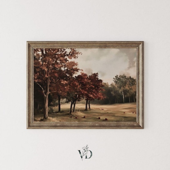 Rustic Fall Apple Orchard Print - Vintage Autumn Landscape, Moody French Country Farmhouse Printable