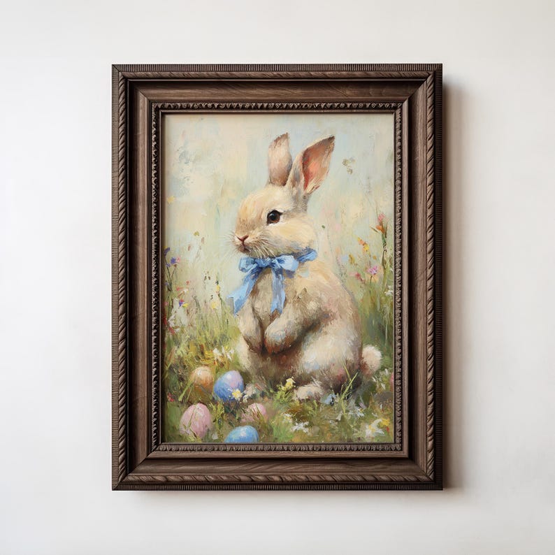 Vintage Easter Bunny Painting, Cottagecore Easter Painting, Light Academia Wall Art,  Printable Cute Rabbit, Neutral Spring Easter Decor