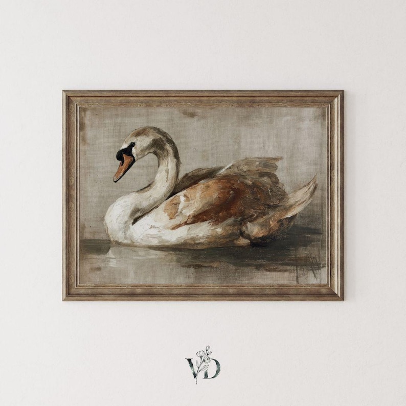 Vintage Swan Print -  Rustic French Country Fall Farmhouse Printable, Cottagecore Autumn Classic Bird Art