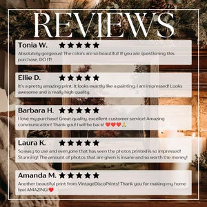 May include: A graphic display of five-star customer reviews featuring the names Tonia W., Ellie D., Barbara H., Laura K., and Amanda M. Each review includes a five-star rating and text praising the quality and appearance of the art prints.