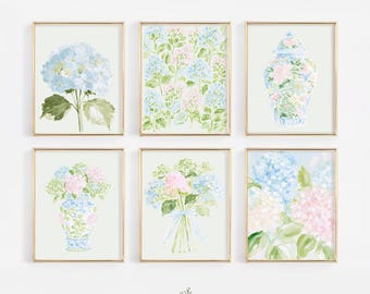 Set mit pastellrosa, blauen und grünen Aquarell-Hortensien – Preppy Grandmillenial Floral College Dorm Prints