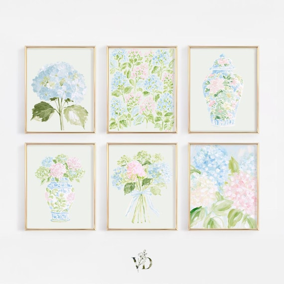 Pastel Pink Blue & Green Watercolor Hydrangeas Set - Preppy Grandmillenial Floral College Dorm Prints