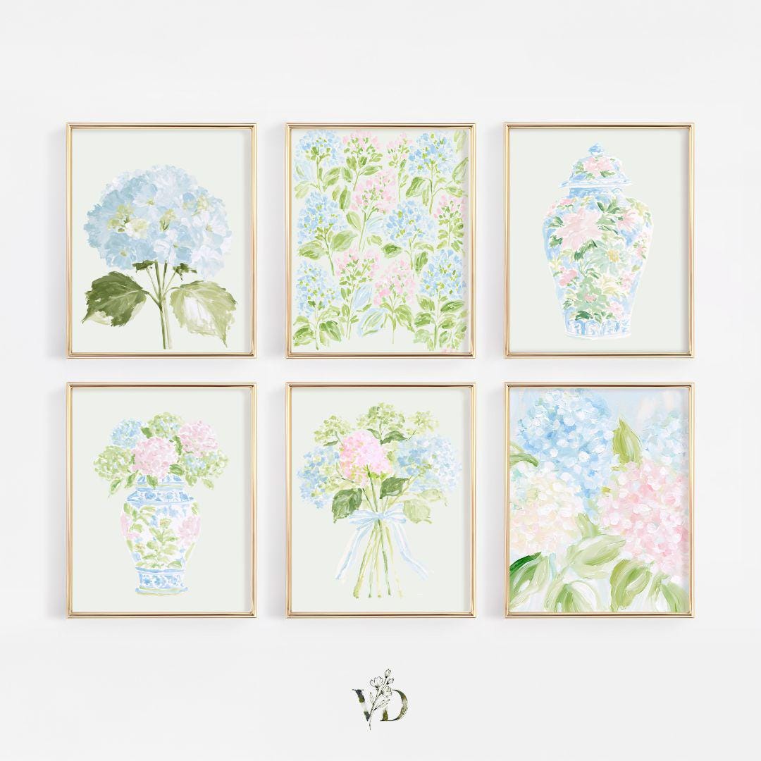 Pastel Pink Blue & Green Watercolor Hydrangeas Set - Preppy Grandmillenial Floral College Dorm Prints