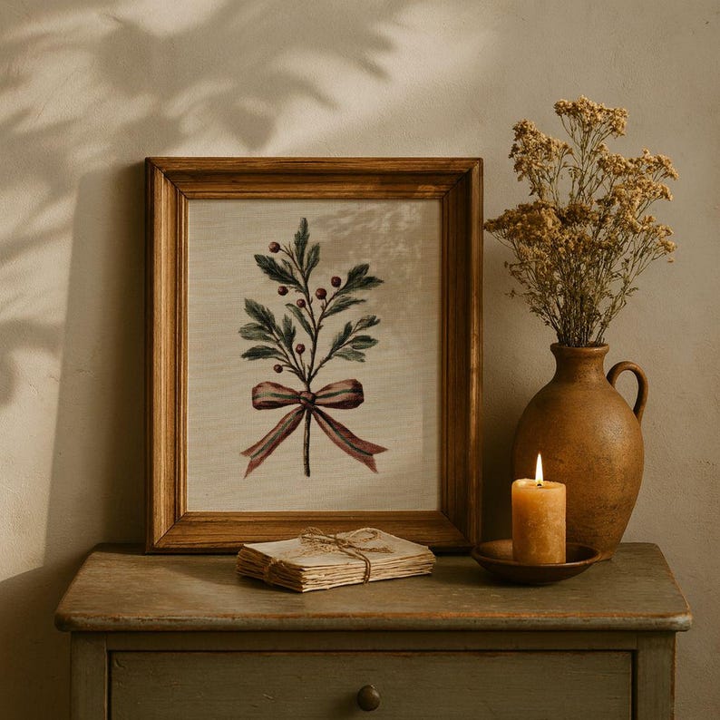Neutral Holly Berry Holiday Print - Vintage French Country Christmas Art, Minimalist Botanical Winter Printable