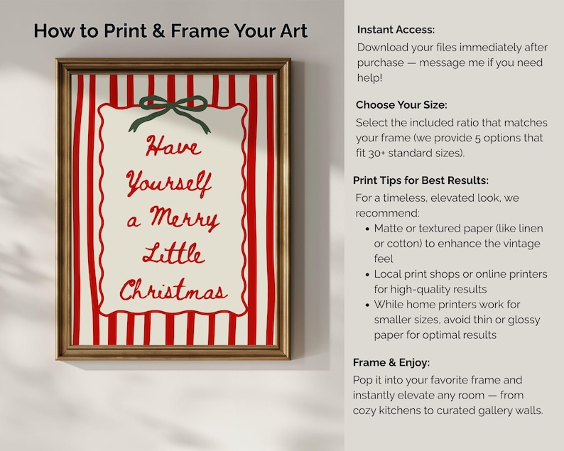 May include: A framed print with the text "Have Yourself a Merry Little Christmas" in red script on a cream background. The print has a red and white striped border and a green bow at the top. The frame is gold.