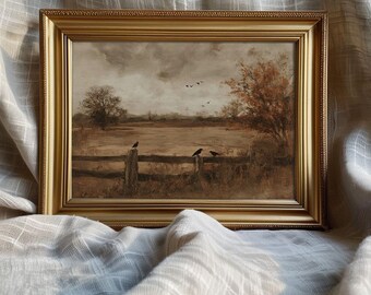 Rustieke herfst boerderij landschapsprint - humeurige vintage herfst, landelijke pastorale afdrukbare, warme Cottagecore-kunst