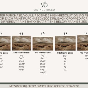 May include: Digital art print featuring a herd of bison grazing in a field under a cloudy sky. The image is available in multiple aspect ratios and sizes, including 6x8 inches, 9x12 inches, and 12x16 inches. The text on the image states that you will receive 5 high-resolution JPG files.