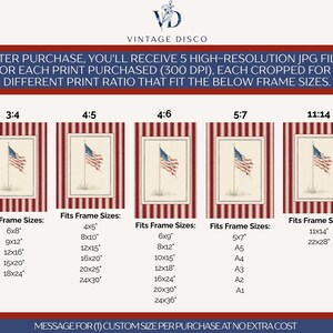 May include: Vintage Disco print featuring the American flag. The image shows five different print ratios with corresponding frame sizes, including 6x8, 9x12, and 12x16 inches. The text states that you will receive 5 high-resolution JPG files.