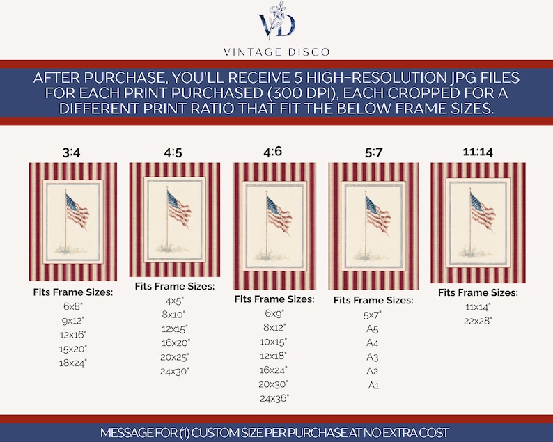 May include: Vintage Disco print featuring the American flag. The image shows five different print ratios with corresponding frame sizes, including 6x8, 9x12, and 12x16 inches. The text states that you will receive 5 high-resolution JPG files.