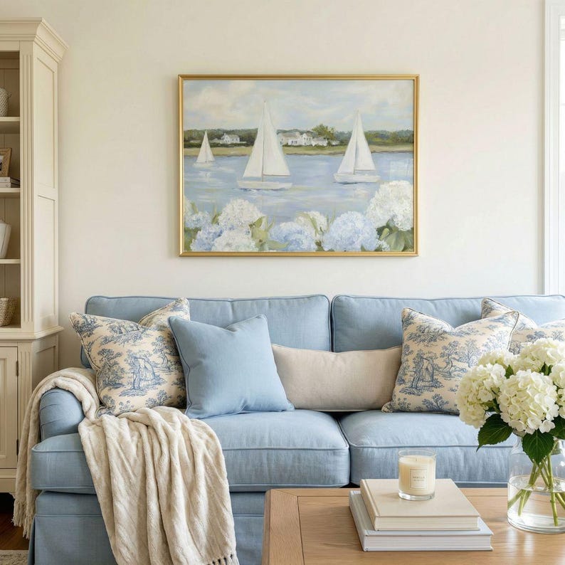 Grandmillenial Preppy Coastal Art Print - Coastal Granddaughter Hydrangeas & Sailboat Printable, Beachy Home Decor