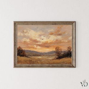Autumn Sunset Pastoral Landscape Wall Art - Vintage Rustic Fall Printable, Cozy Country Farmhouse Decor