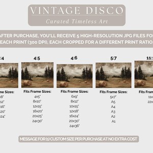 May include: An advertisement for art prints from Vintage Disco. The image shows five different landscape art print crops with various frame size options, including 6x8 inches, 9x12 inches, and 12x16 inches. The text states that the buyer will receive 5 high-resolution JPG files.