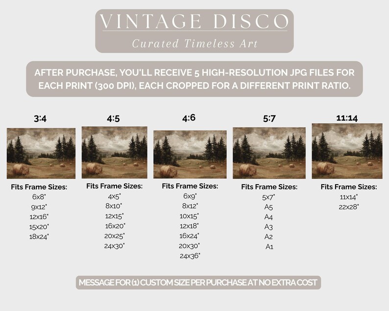May include: An advertisement for art prints from Vintage Disco. The image shows five different landscape art print crops with various frame size options, including 6x8 inches, 9x12 inches, and 12x16 inches. The text states that the buyer will receive 5 high-resolution JPG files.