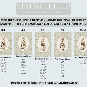 Pu&ograve; includere: Stampa artistica vintage con un'illustrazione ad acquerello di un coniglio con cappotto e bastone. La stampa offre vari formati, con dimensioni del telaio da 10x13 cm a 61x91 cm. Il testo "VINTAGE DISCO" e "Curated Timeless Art" sono in alto.