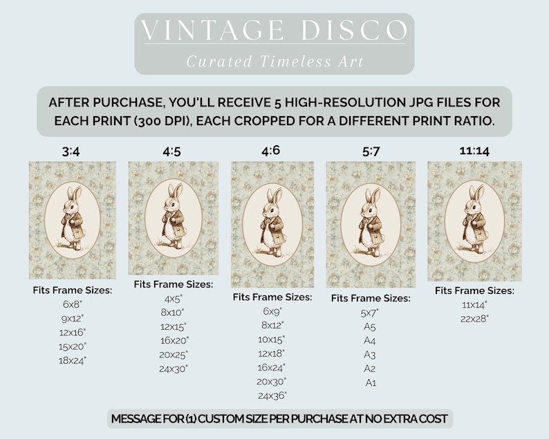 Pu&ograve; includere: Stampa artistica vintage con un'illustrazione ad acquerello di un coniglio con cappotto e bastone. La stampa offre vari formati, con dimensioni del telaio da 10x13 cm a 61x91 cm. Il testo "VINTAGE DISCO" e "Curated Timeless Art" sono in alto.