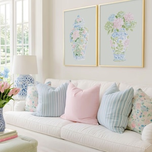 Pastel Pink Blue & Green Watercolor Hydrangeas Set - Preppy Grandmillenial Floral College Dorm Prints
