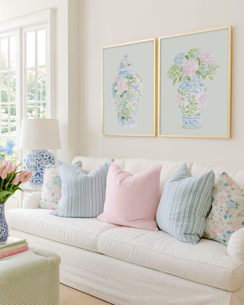 Pastel Pink Blue & Green Watercolor Hydrangeas Set - Preppy Grandmillenial Floral College Dorm Prints